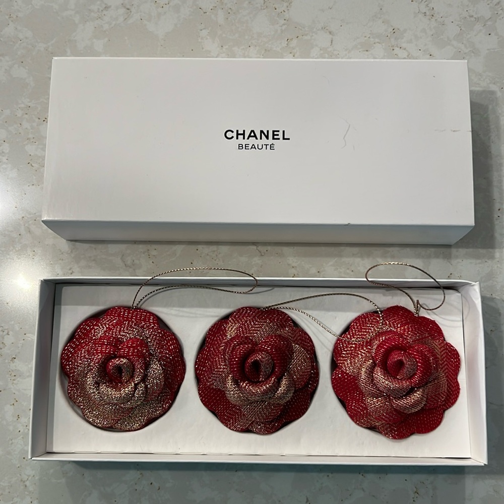 Chanel Camellia Christmas Ornaments Red Gold (3) with Gift Box